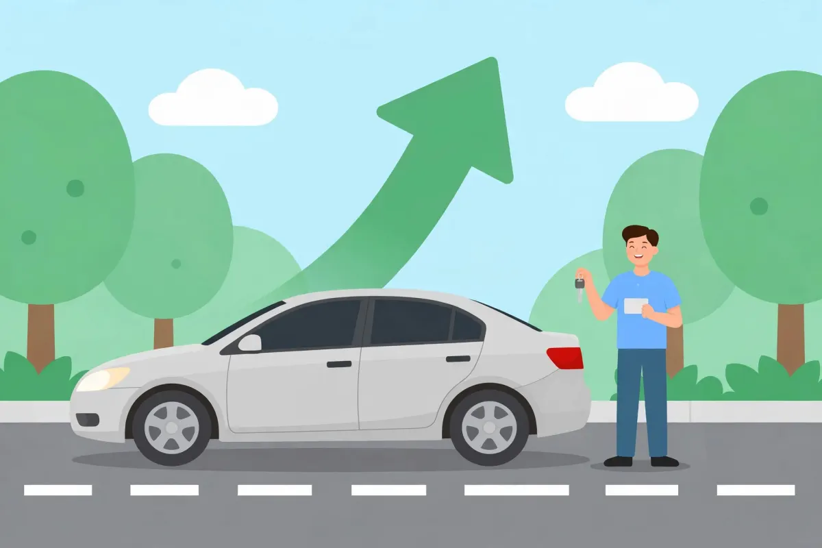 Man holding a car loan approval card next to a sedan with a rising green credit arrow