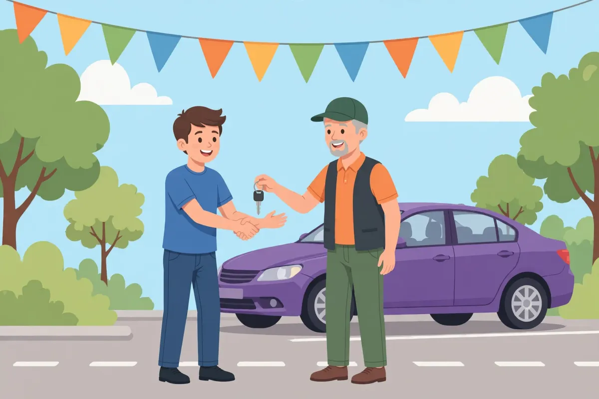 Smiling first-time buyer shaking hands with a seller and receiving keys to a used car