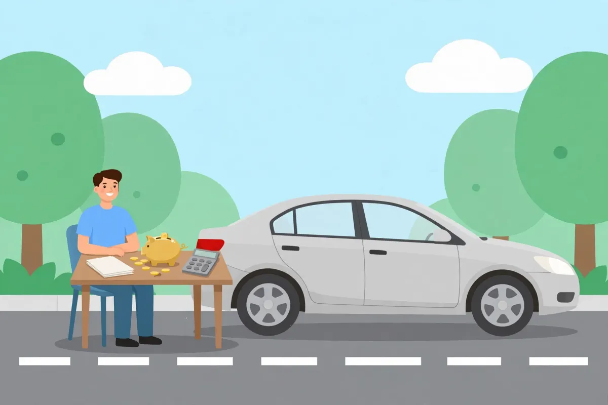 Man at a table with a calculator and tax paperwork beside the car he is donating