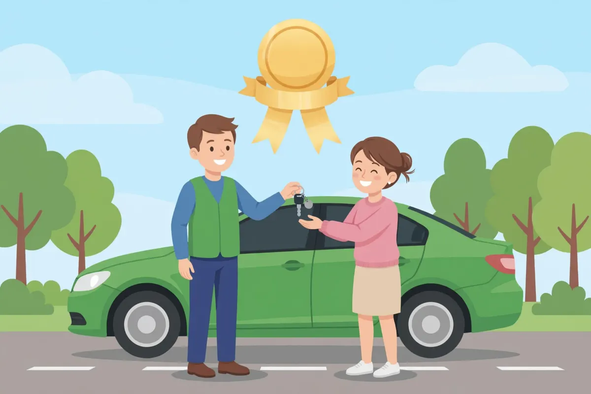 Woman receiving car keys from a program worker next to a green car with an award ribbon