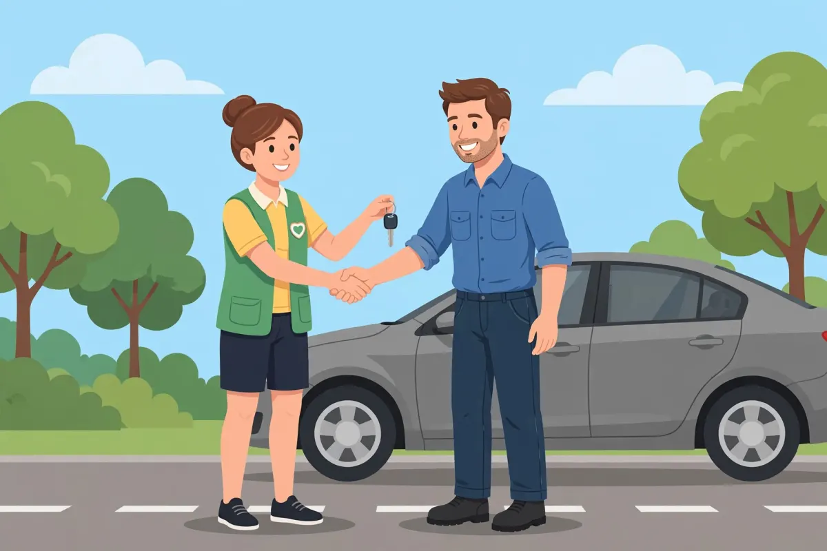 Reentry program volunteer handing car keys to a man rebuilding his life
