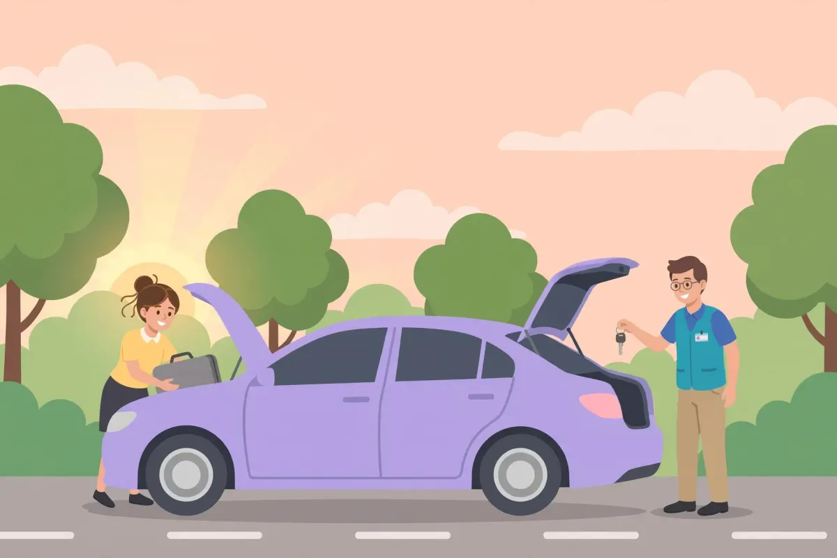 Woman loading her car at sunrise as a volunteer hands her the keys
