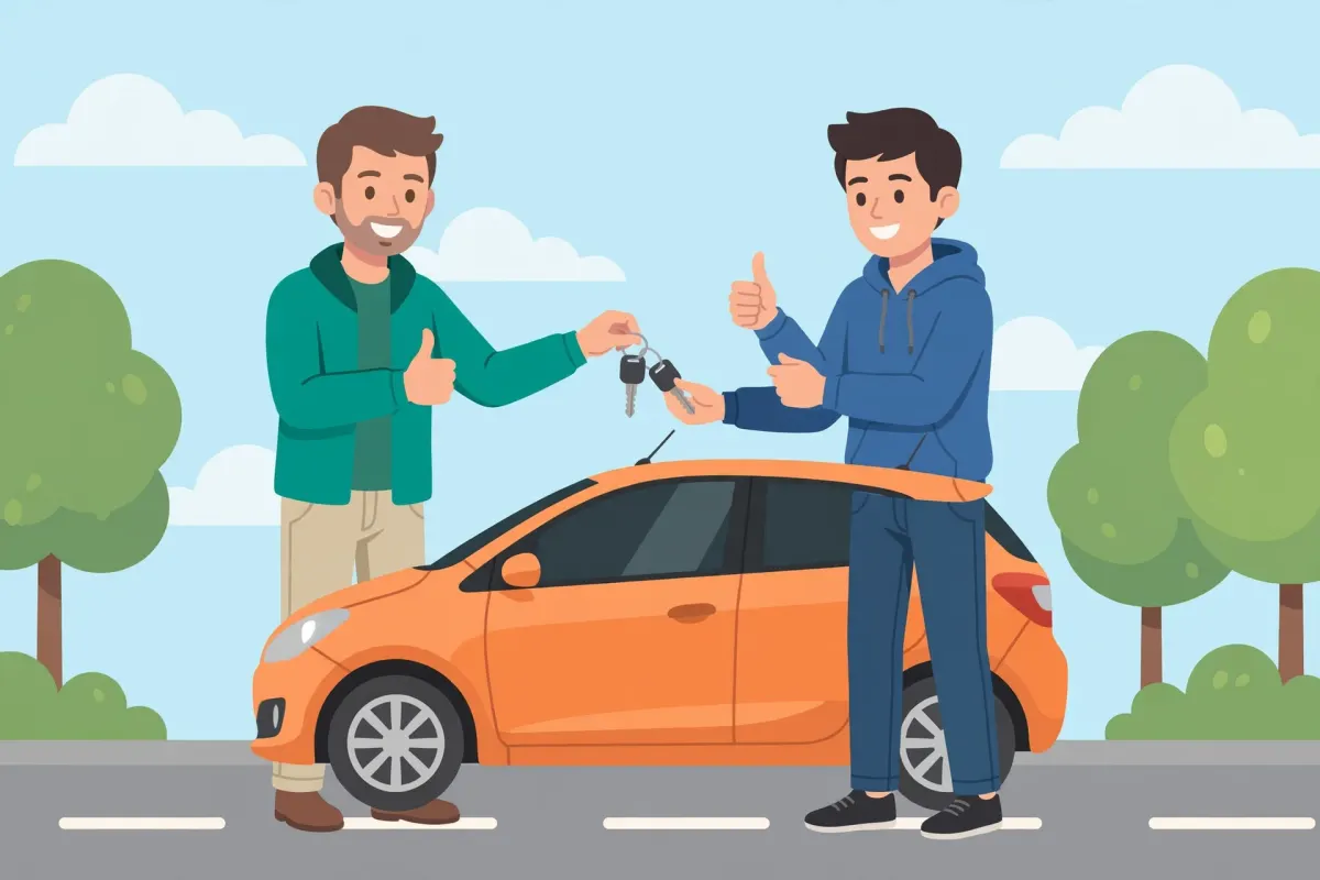 Young man receiving car keys and a thumbs up from a mentor beside an orange car