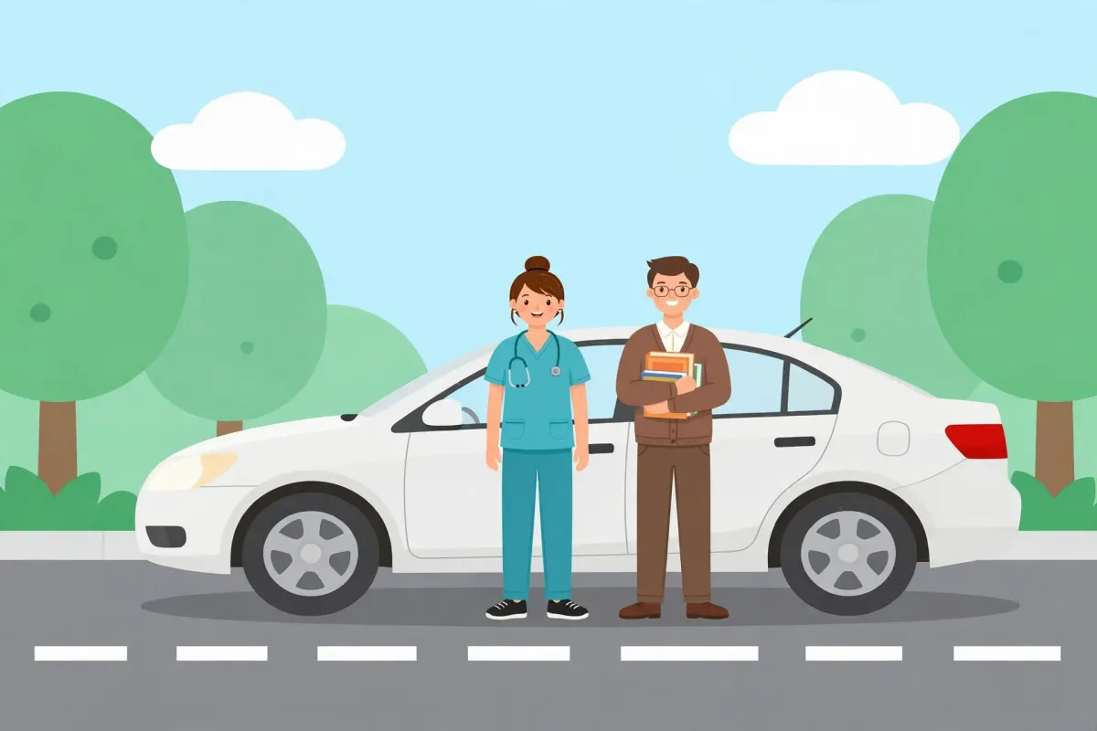 Nurse in scrubs and a teacher holding books standing in front of a white car