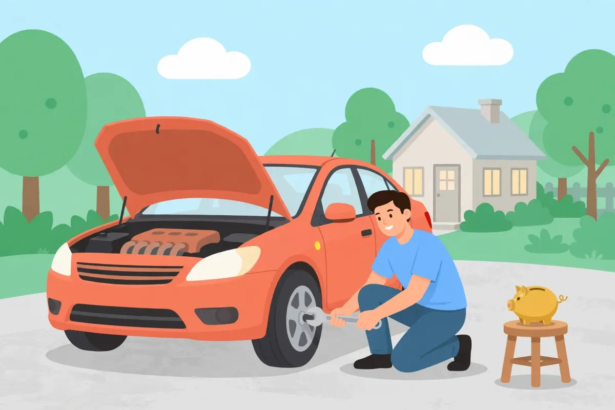 Man checking a tire on an orange car with the hood open and a piggy bank nearby
