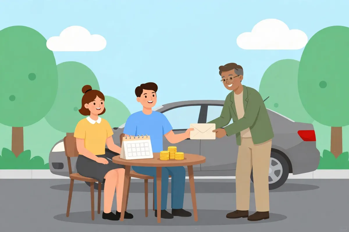 Couple meeting a counselor at a table with a calendar and coins to plan car payments