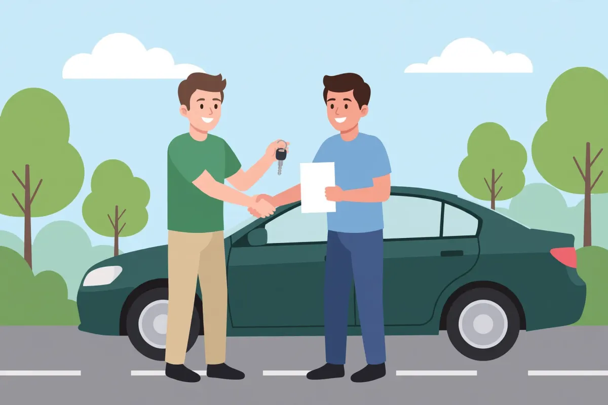 Two men shaking hands and exchanging car keys and a signed title beside a green sedan