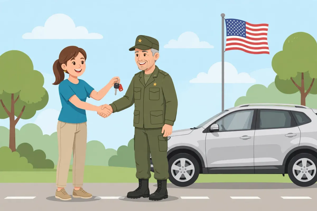 Woman handing car keys to a uniformed veteran in front of an SUV and an American flag