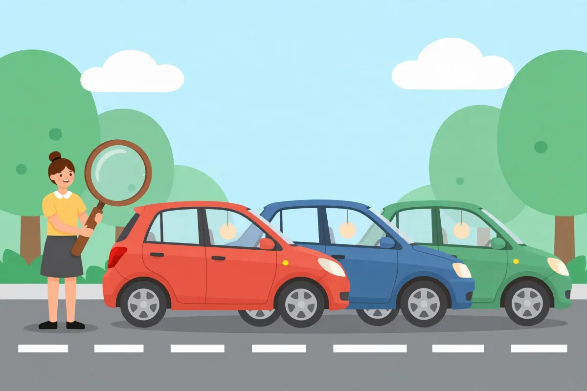 Girl with a magnifying glass comparing three affordable used cars parked in a row