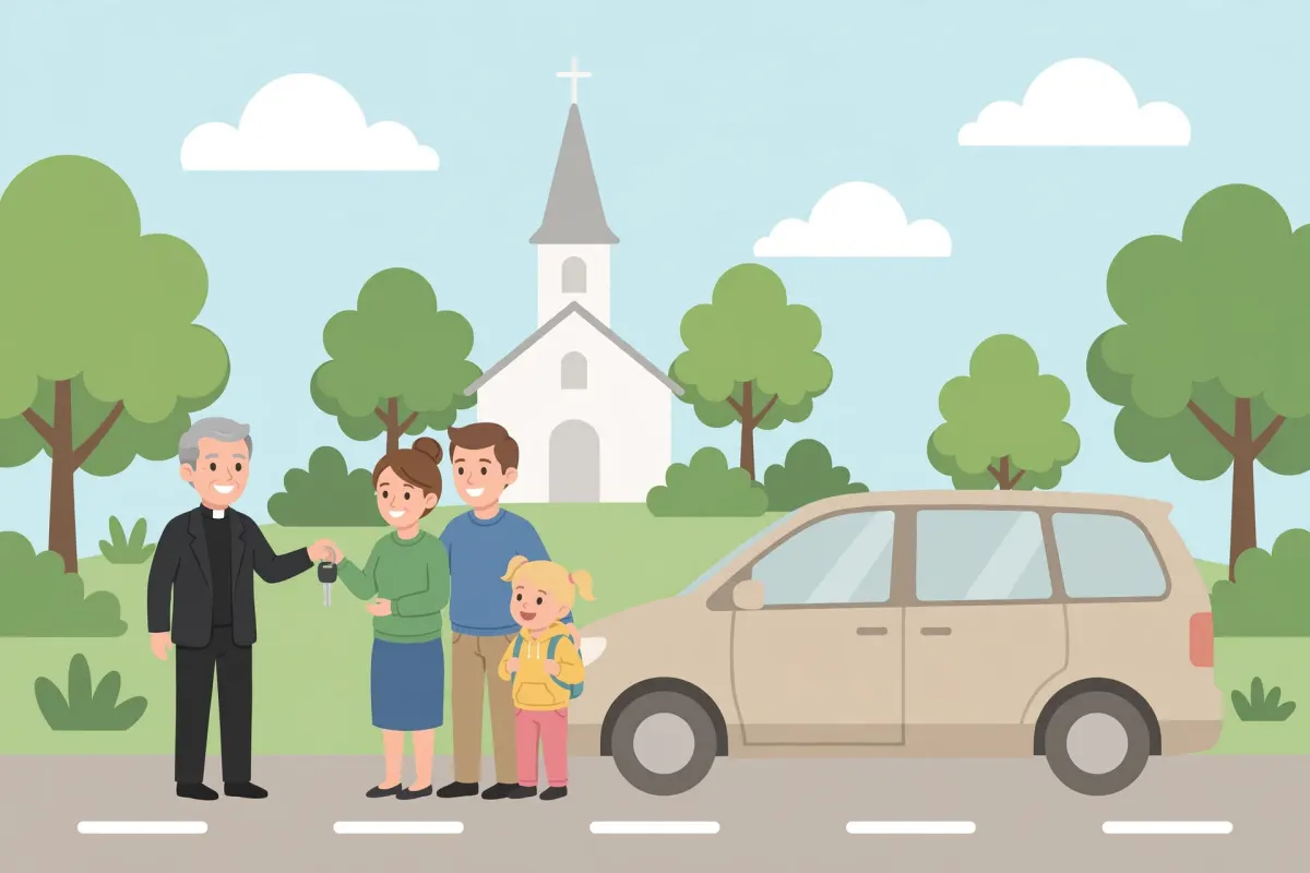 Pastor greeting a family next to a donated minivan in front of a small church