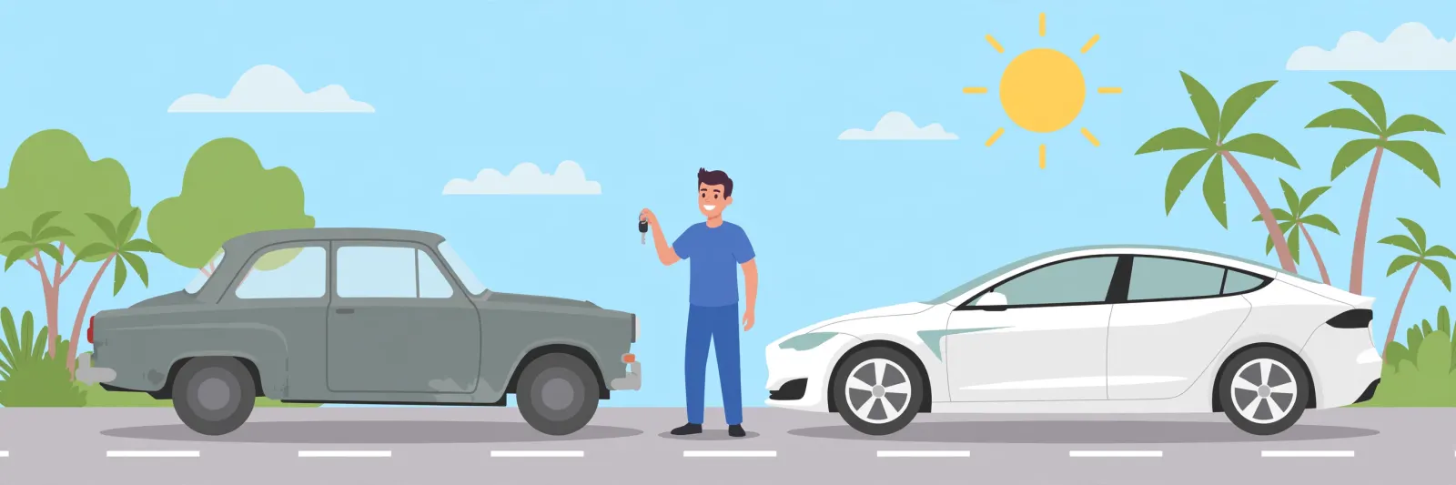Man trading an old car for a clean electric car on a sunny California street