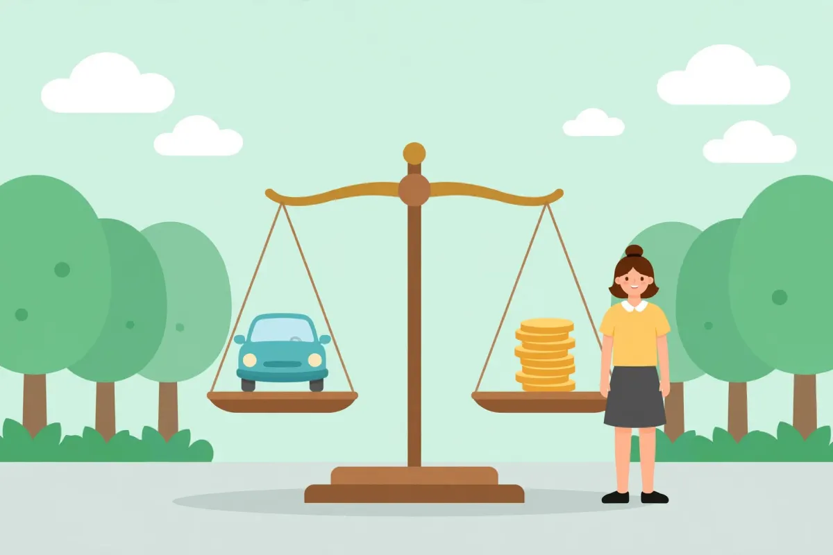 Balance scale weighing a car against stacks of coins to show the cost of a donated car