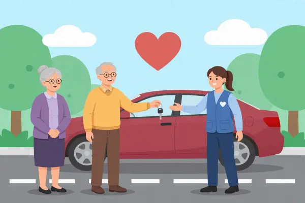 Older couple handing their car keys to a charity volunteer, with a heart above the car