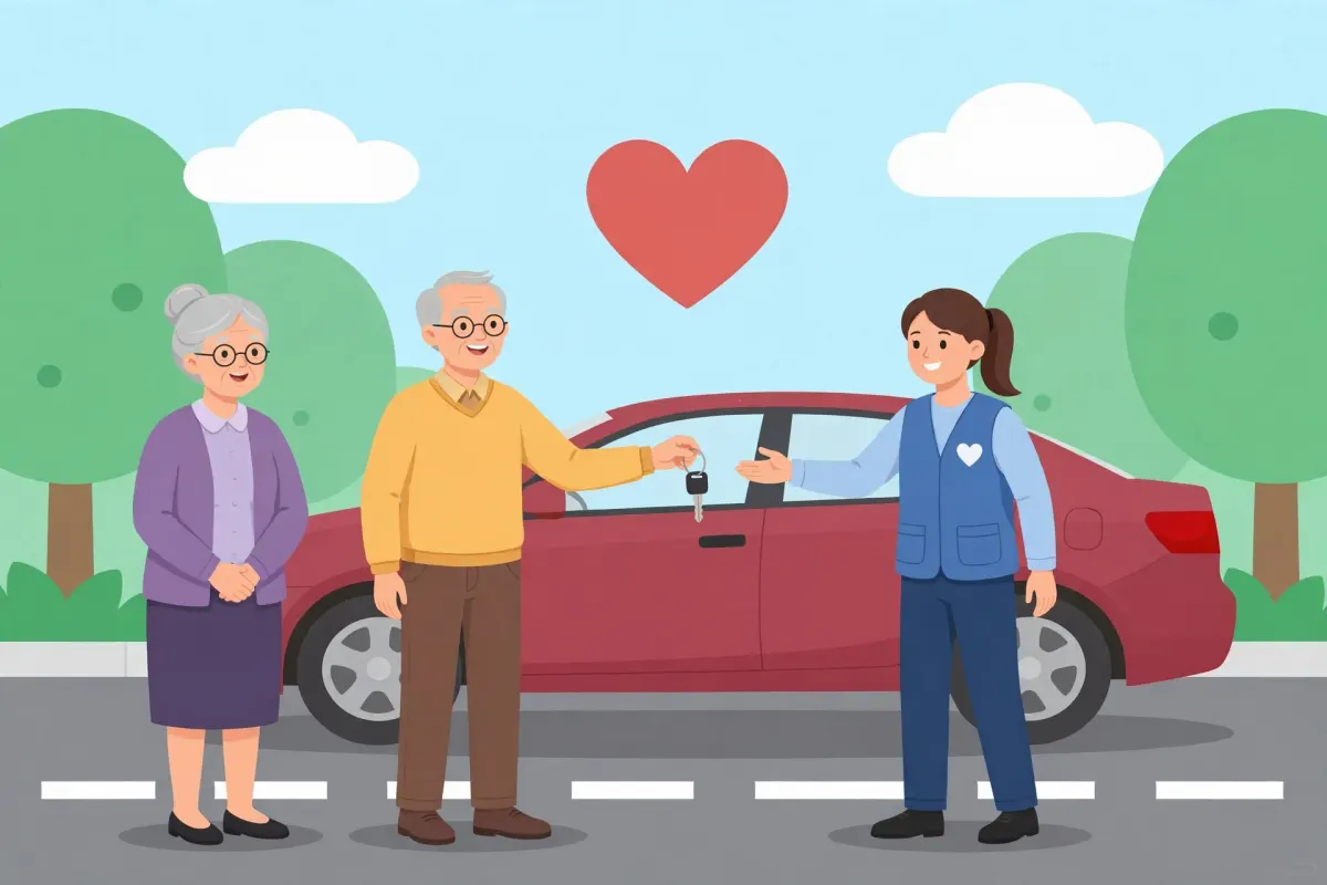 Older couple handing their car keys to a charity volunteer, with a heart above the car