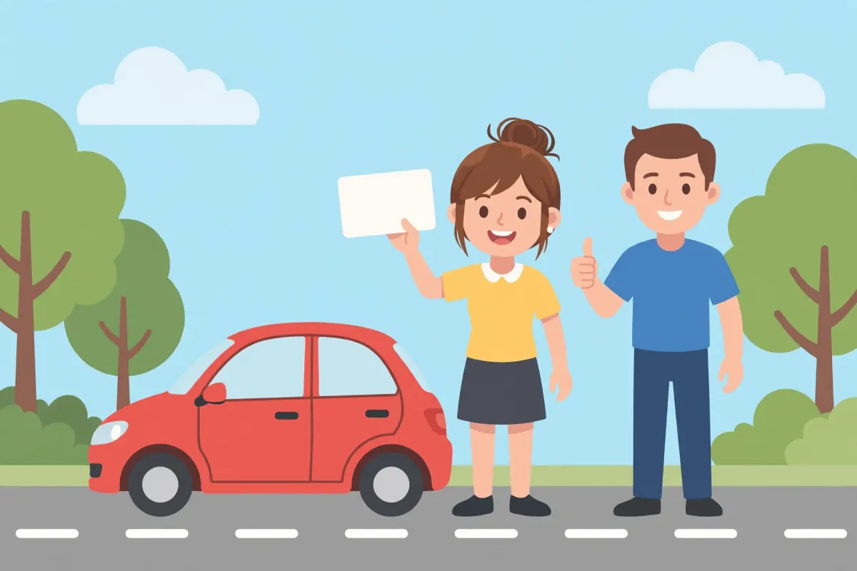 Smiling young woman holding up her new driver's license next to a man giving a thumbs up