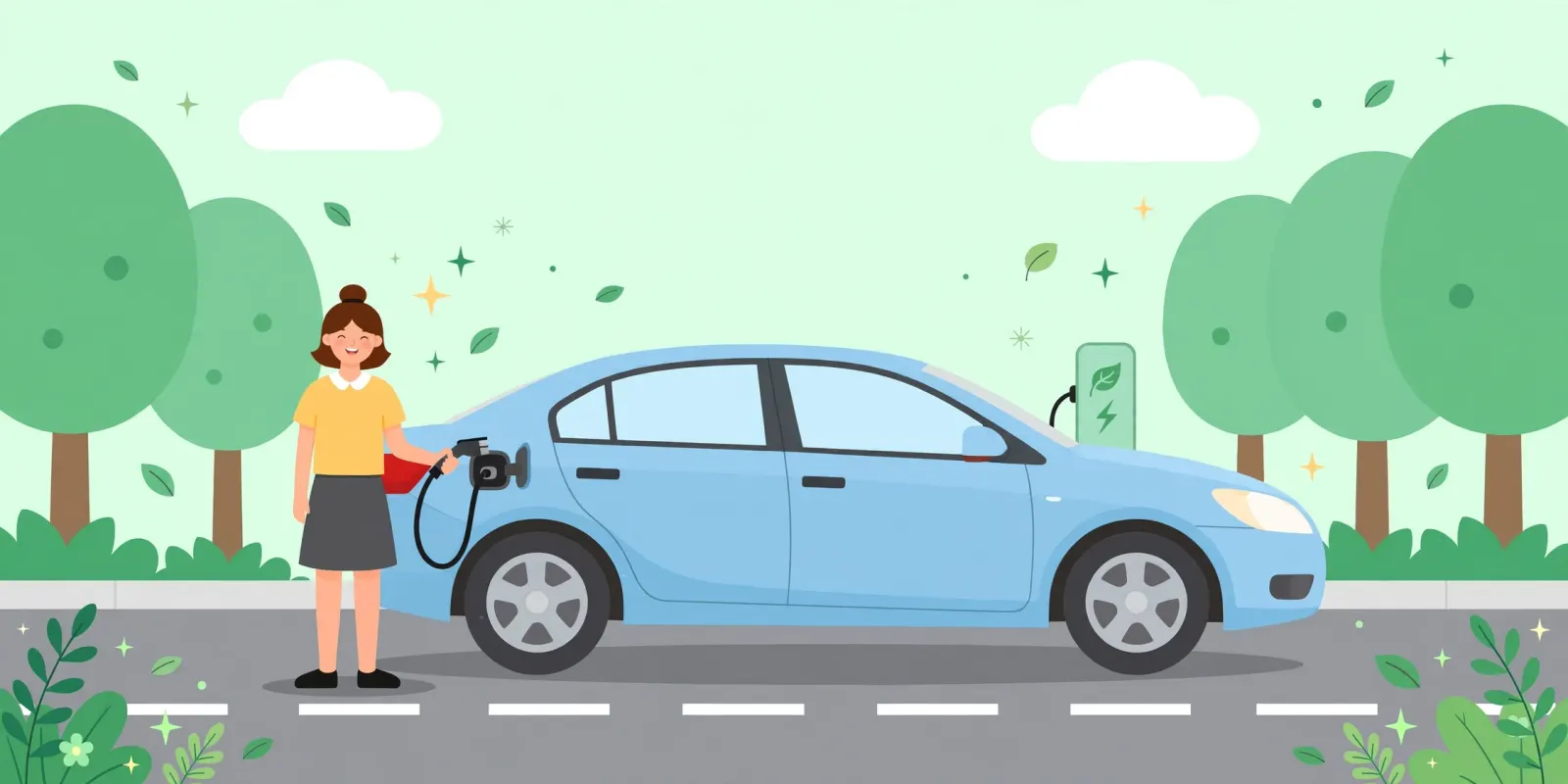 Woman charging a blue electric car at a charging station surrounded by greenery