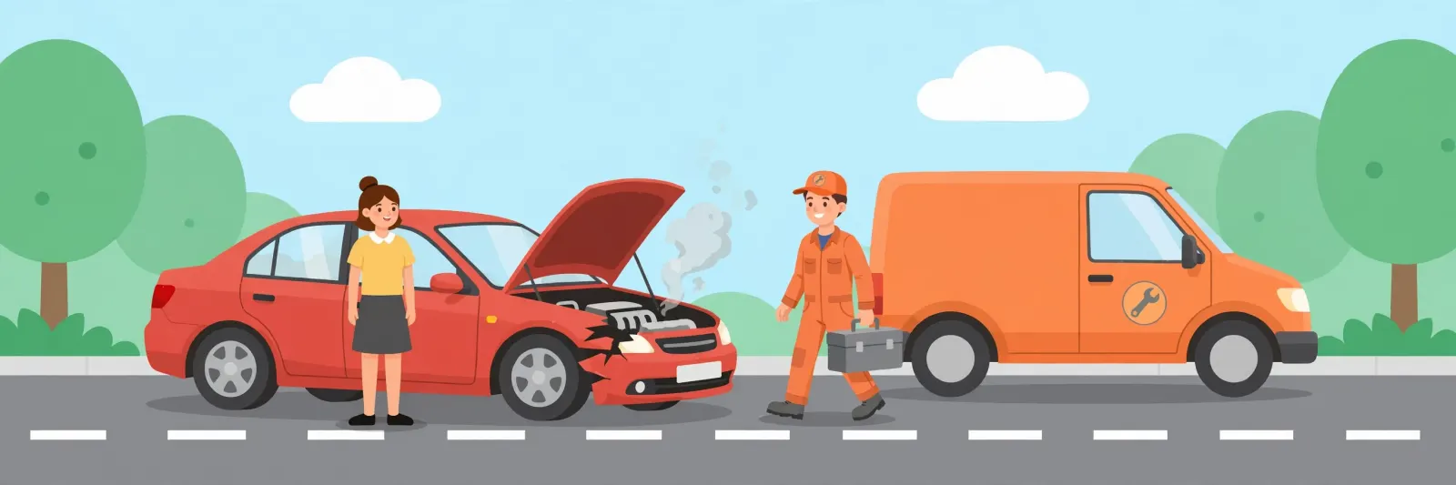 Roadside mechanic arriving with a toolbox to fix a broken-down red car