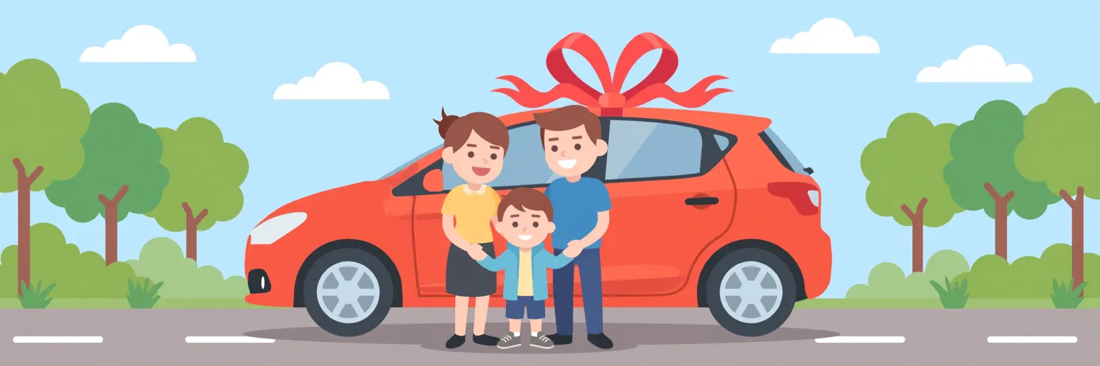 Happy family standing in front of a red car wrapped with a big gift bow