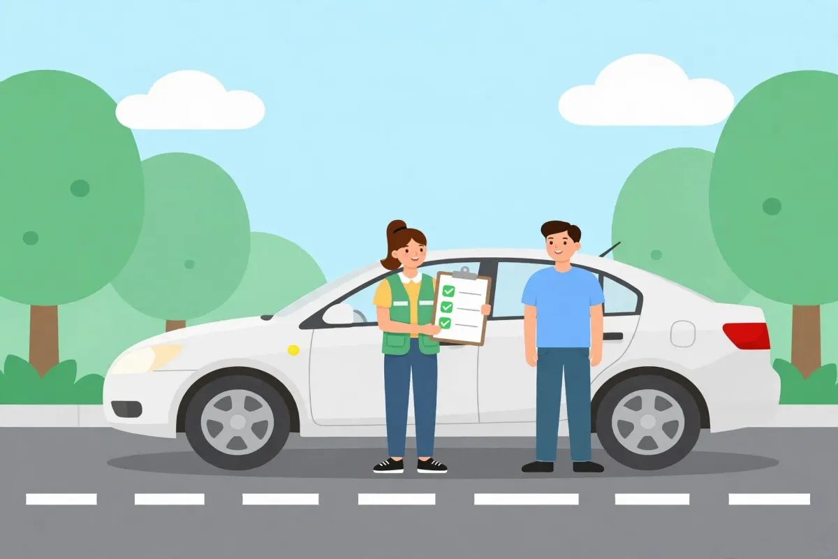 Program worker with a clipboard reviewing a free car application with a man beside a white car