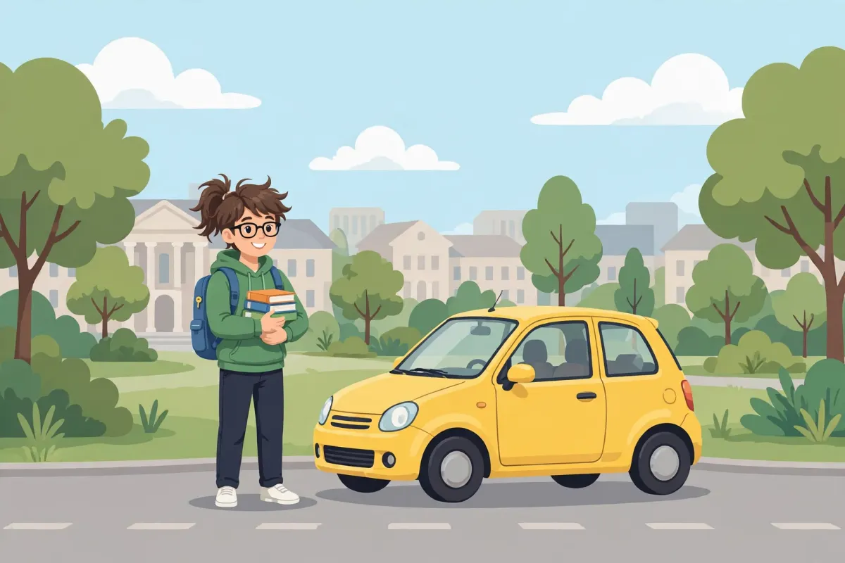 College student with books and a backpack standing beside a small yellow car on campus
