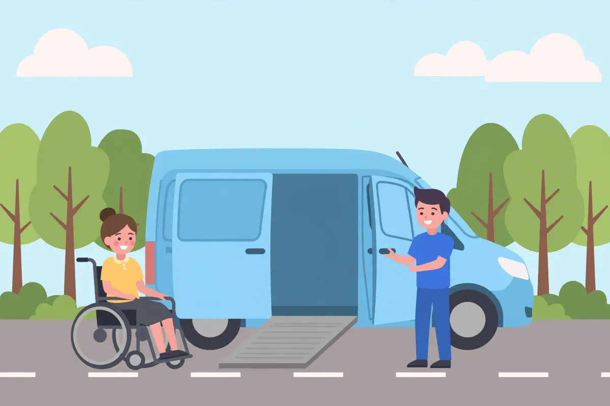 Woman in a wheelchair beside an accessible van with a ramp as a helper opens the door