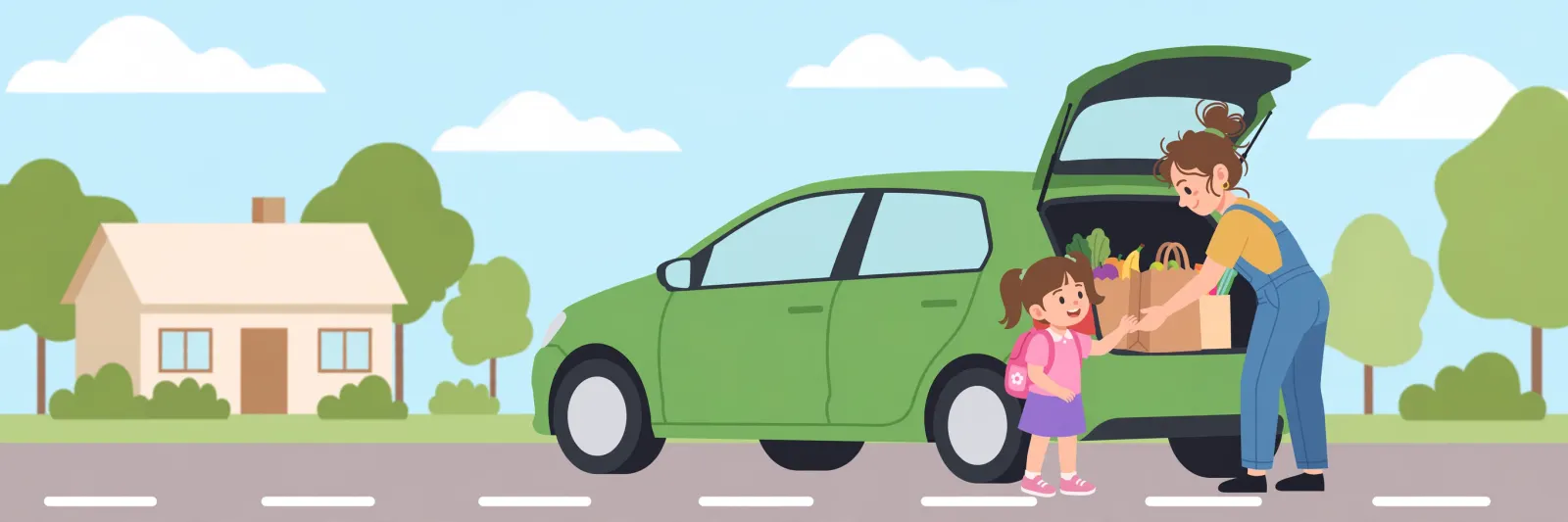Single mom and her daughter loading groceries into their green hatchback outside home