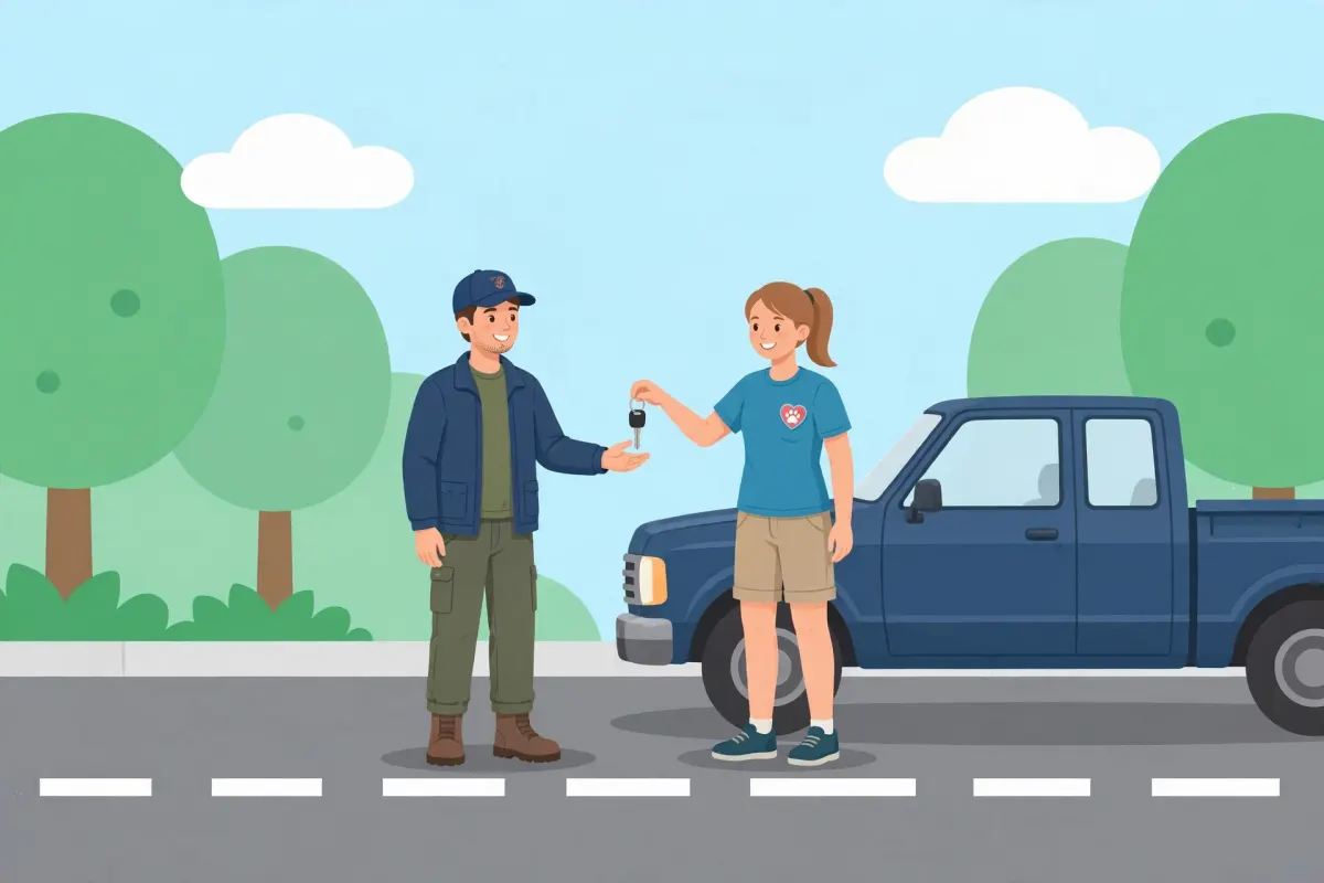 Veteran receiving keys to a blue pickup truck from a volunteer