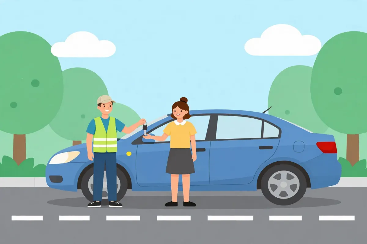 Free Car Foundation volunteer handing car keys to a smiling new car owner