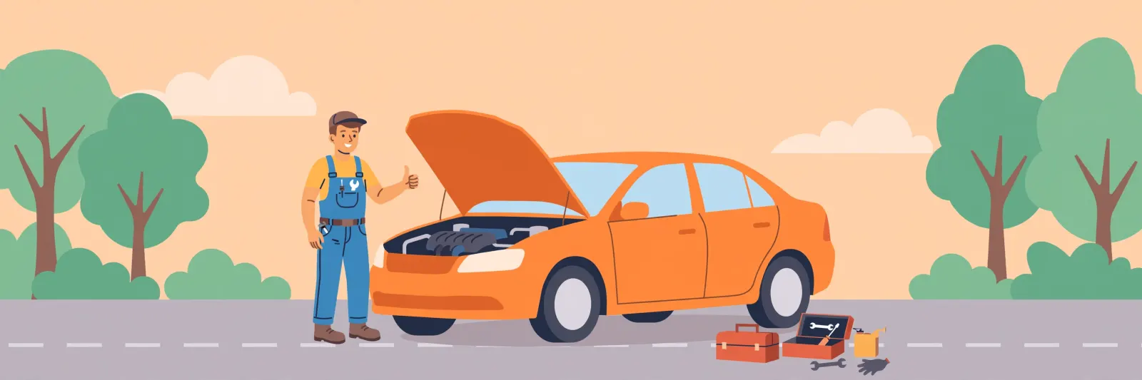 Mechanic repairing an orange car with the hood open and tools on the ground