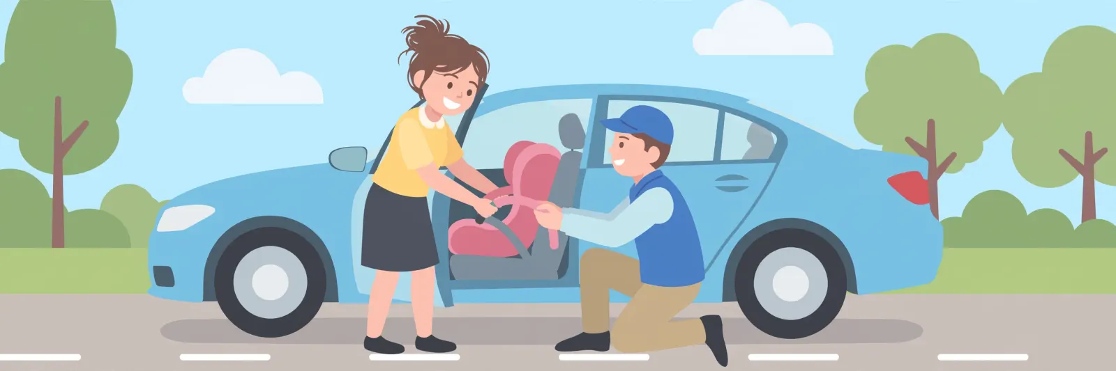 Mother and a car seat technician installing a child car seat in the back of a car