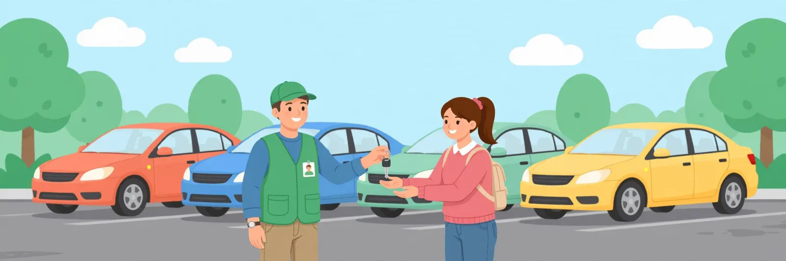 Charity volunteer handing keys to a woman in a lot of donated cars