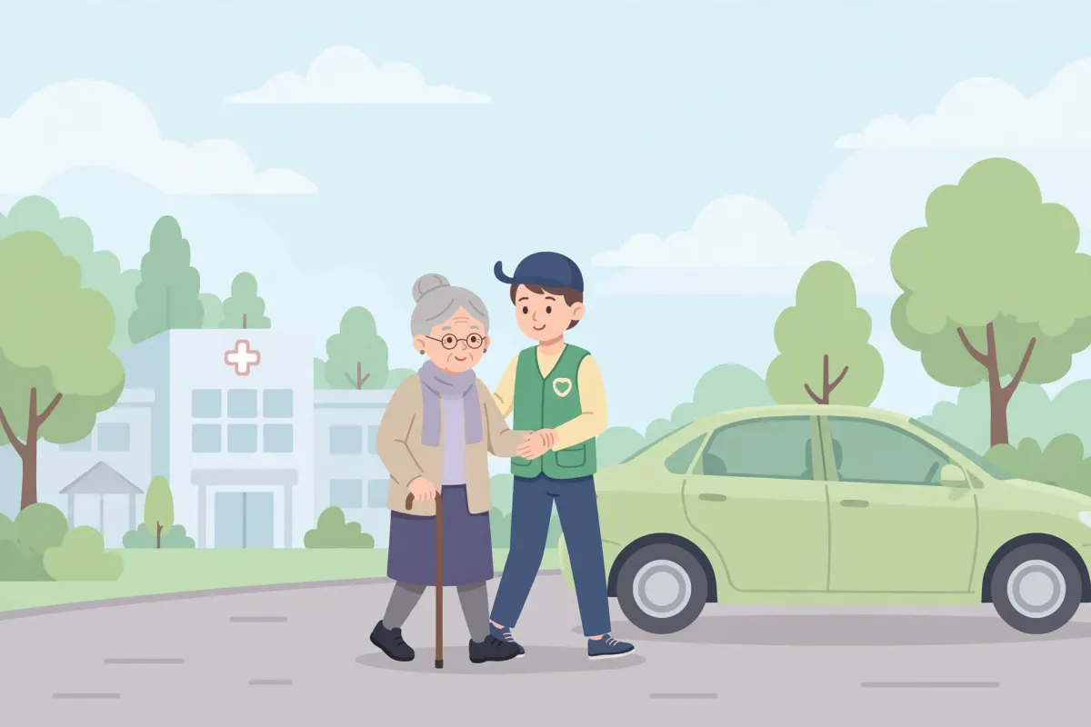 Volunteer driver helping a senior woman walk to a car outside a medical clinic