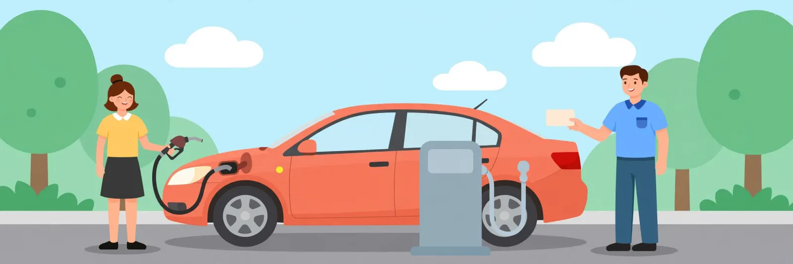 Woman fueling her car at a gas pump while a man hands her a gas card