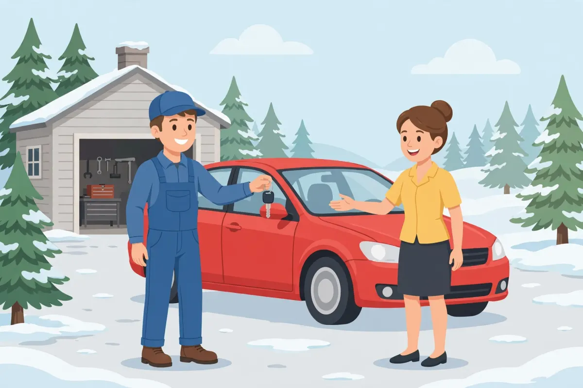 Mechanic handing keys to a woman next to a red car outside a snowy garage