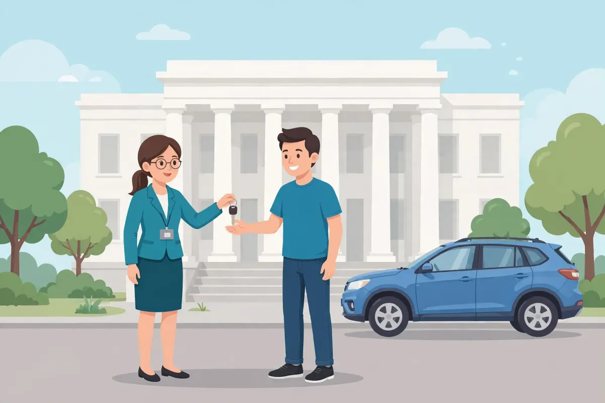 Caseworker handing car keys to a man outside a government building