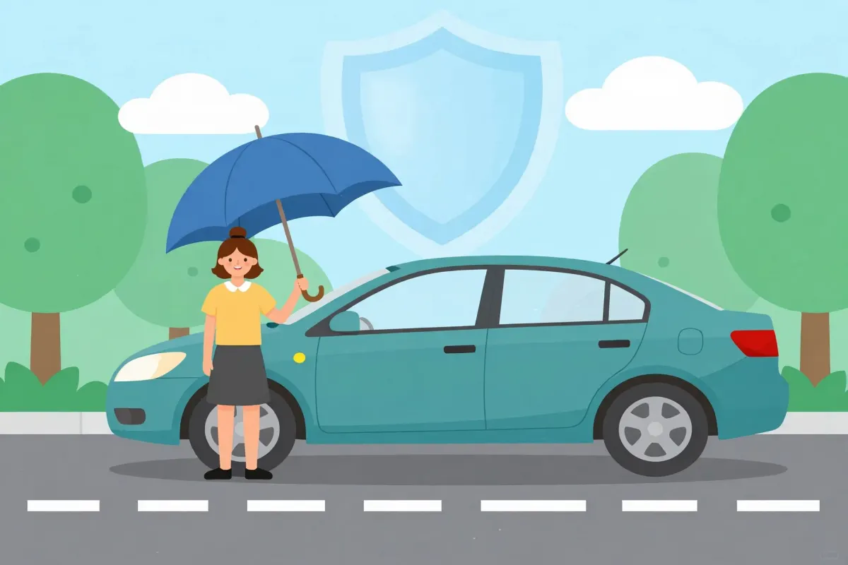 Woman holding an umbrella beside her car under a large shield representing car insurance