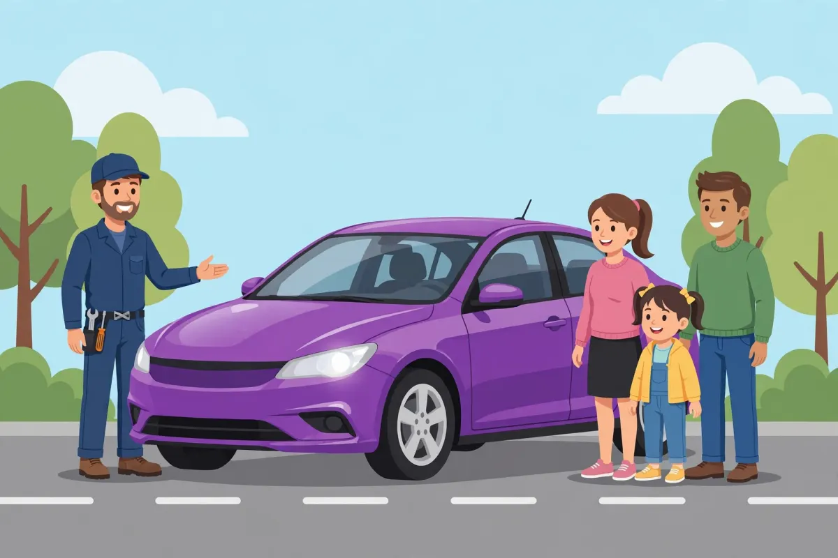 Collision repair technician presenting a restored purple car to a family