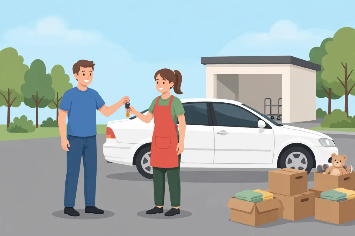 Volunteer handing car keys to a man beside donation boxes and a white car