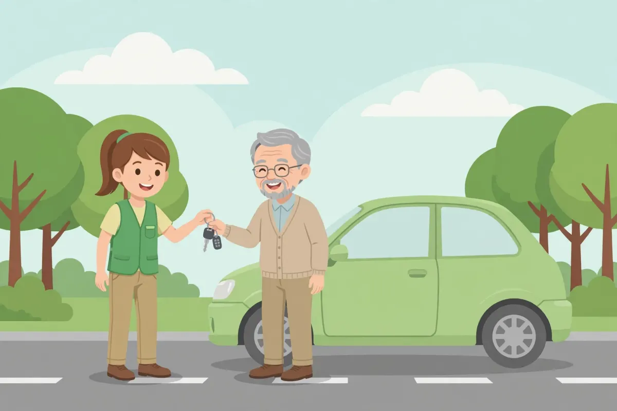 Smiling senior man receiving car keys from a volunteer next to a green car