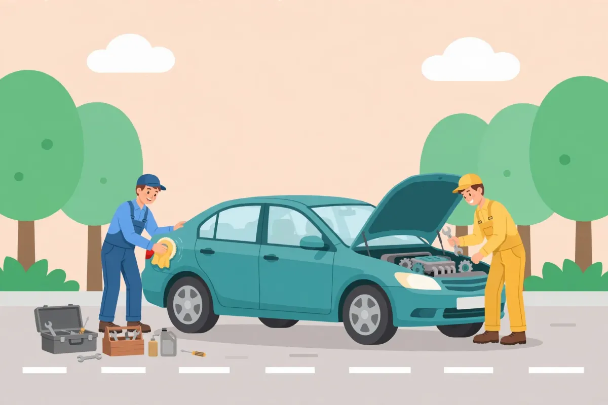 Two mechanics repairing a donated teal car before it goes to a family