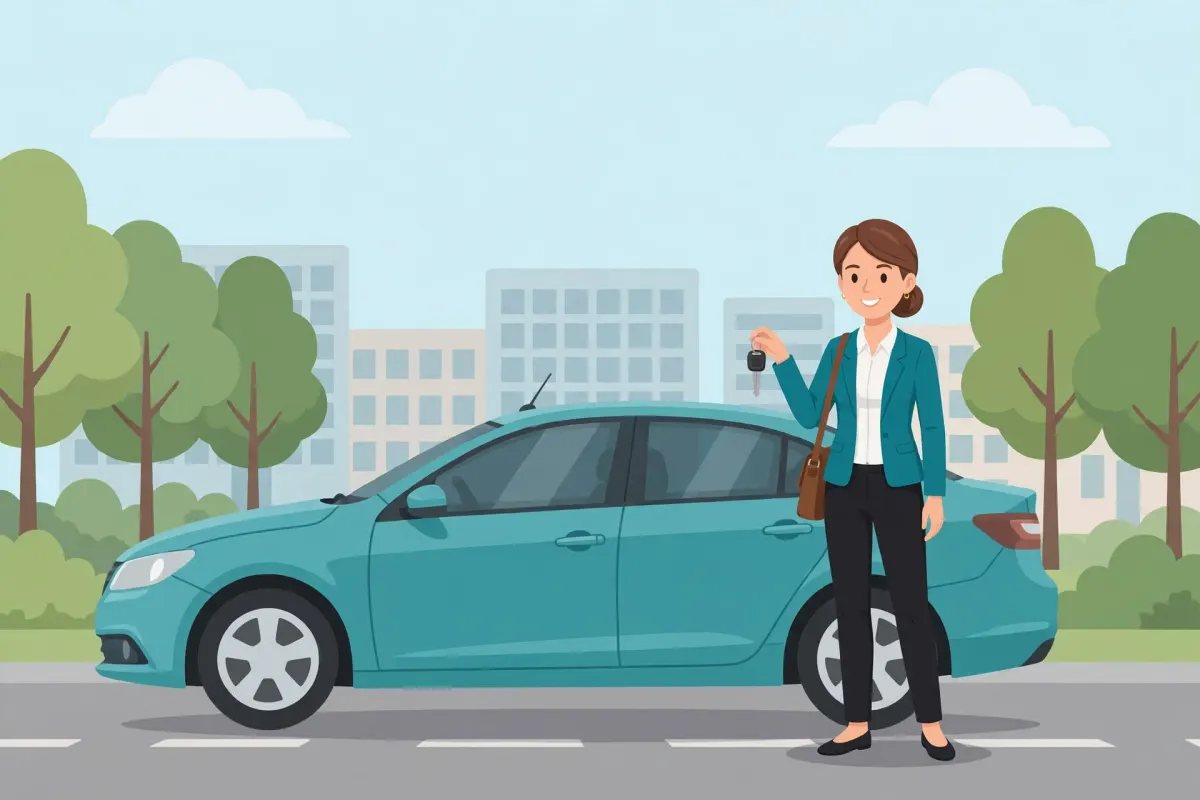 Working mother with car keys standing next to a teal car in the city