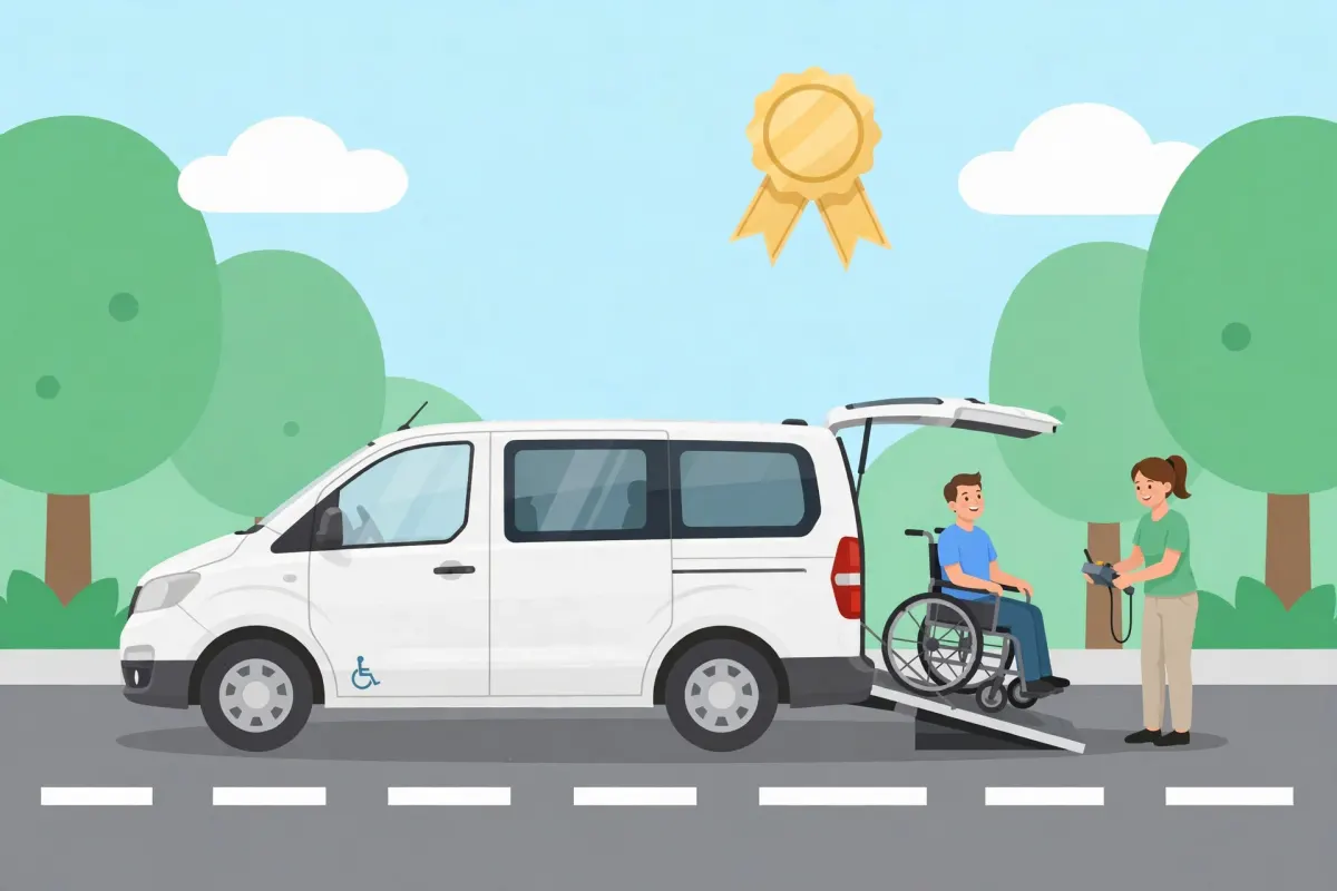Man in a wheelchair using the ramp of a white wheelchair-accessible van