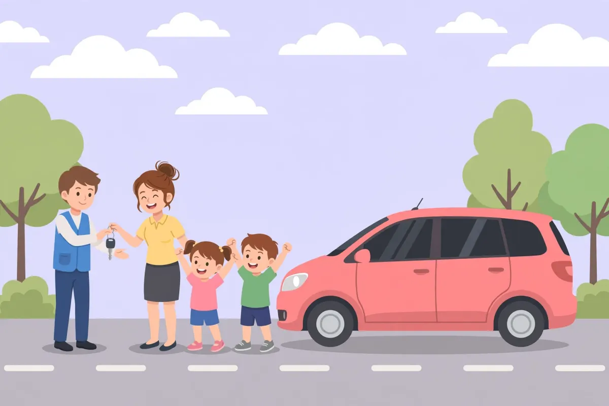 Mother and two excited children receiving keys to a pink family car