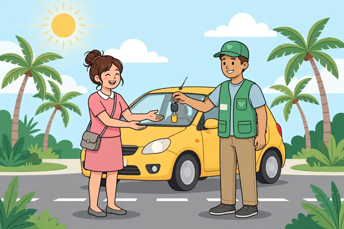 Volunteer handing keys to a happy woman beside a yellow car under Florida palm trees