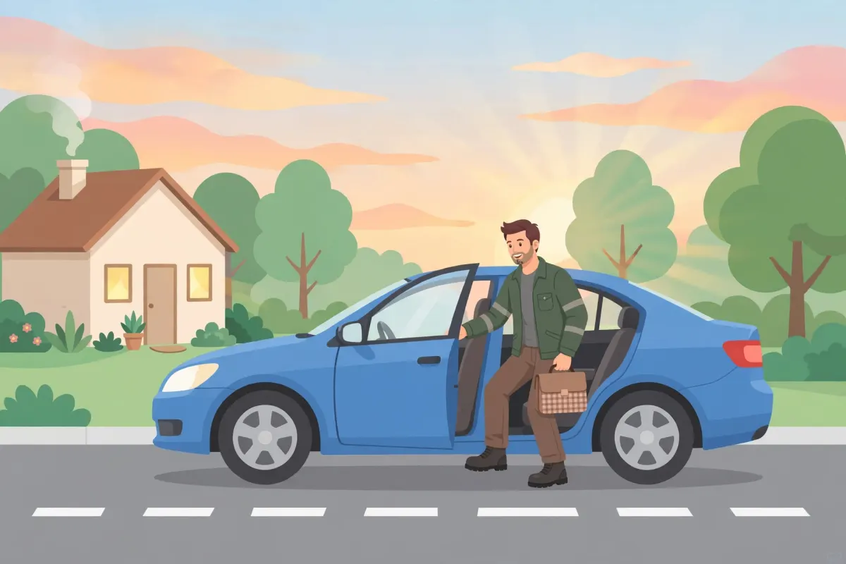 Man with a work bag getting into his blue car outside his home at sunrise